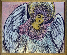 Angel of the Roses (mixed media on paper & glass, 23.5"H x 29.5"W)